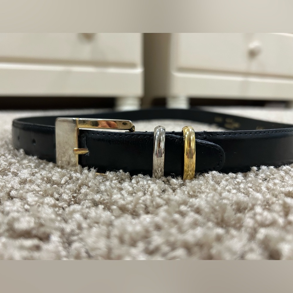 Black Leather Belt with Silver and Gold Buckle